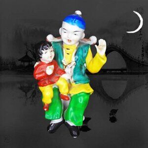 Vintage Asian Kitsch Figurine Colorful Decor Knick Knack, Father and Child